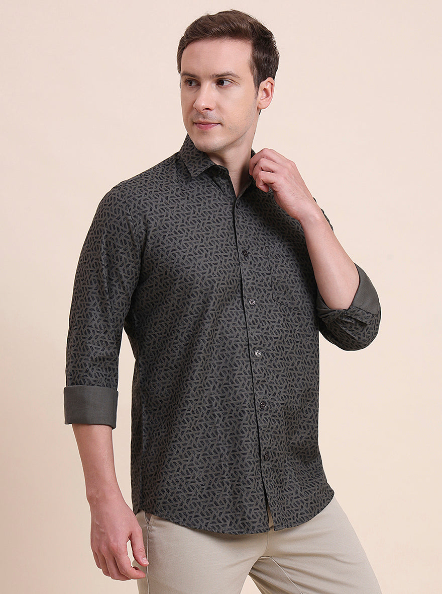 Olive Printed Tailored Fit Semi Casual Shirt | JadeBlue