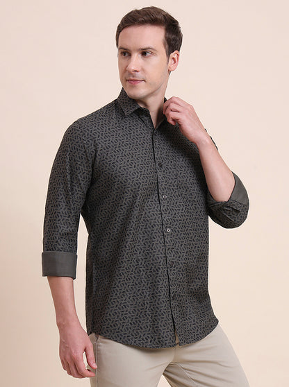 Olive Printed Tailored Fit Semi Casual Shirt | JadeBlue