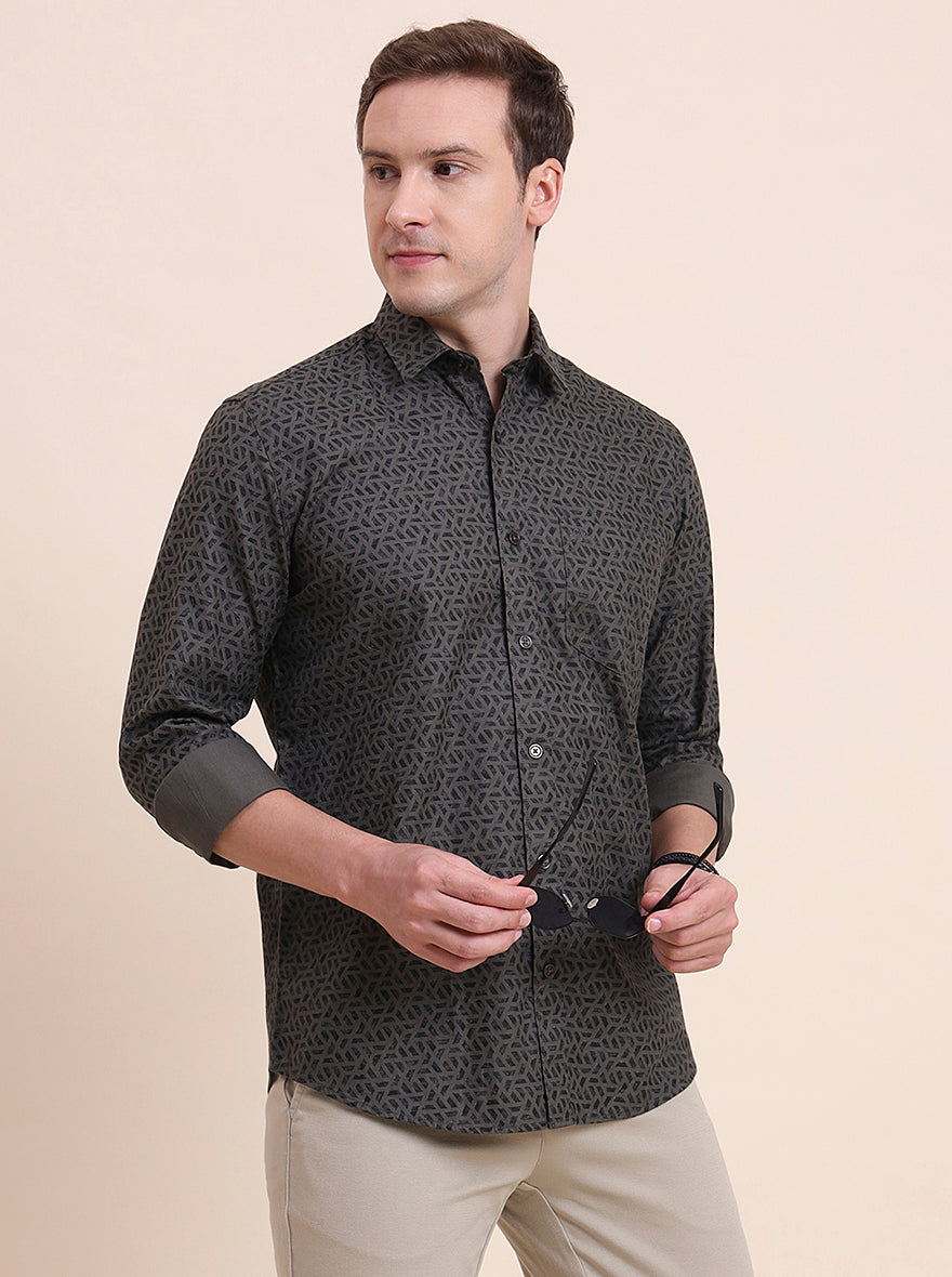 Olive Printed Tailored Fit Semi Casual Shirt | JadeBlue