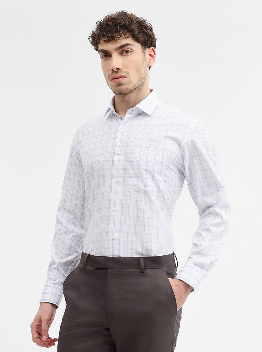 White & Blue Checked Regular Fit Formal Shirt | Greenfibre