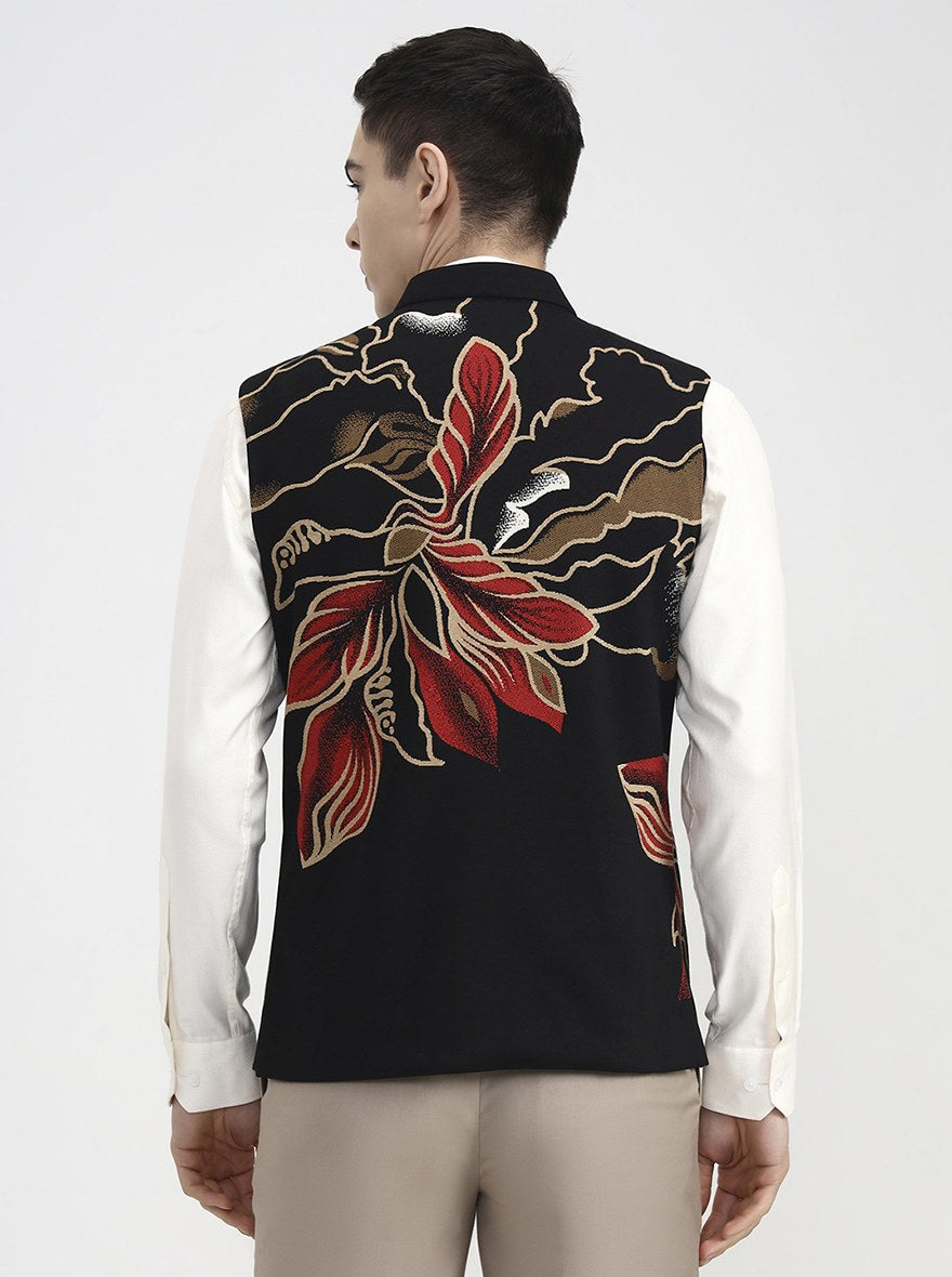 Black Printed Regular Fit Waistcoat | Wyre