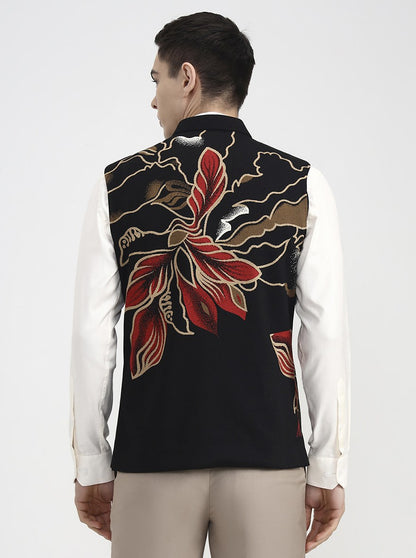 Black Printed Regular Fit Waistcoat | Wyre