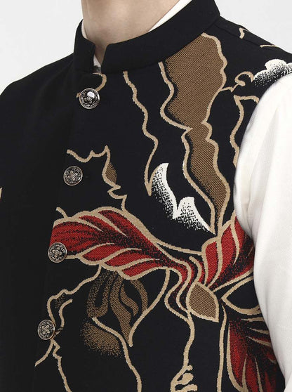 Black Printed Regular Fit Waistcoat | Wyre