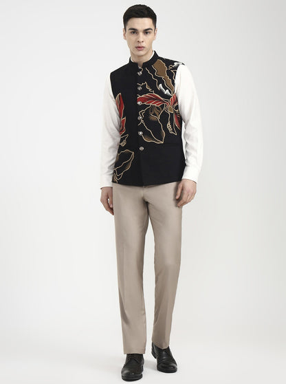 Black Printed Regular Fit Waistcoat | Wyre