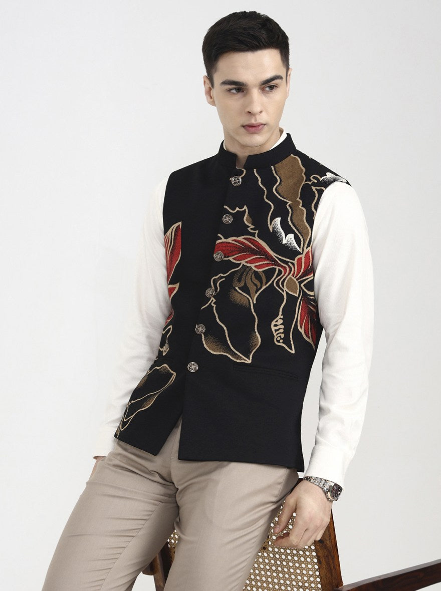 Black Printed Regular Fit Waistcoat | Wyre