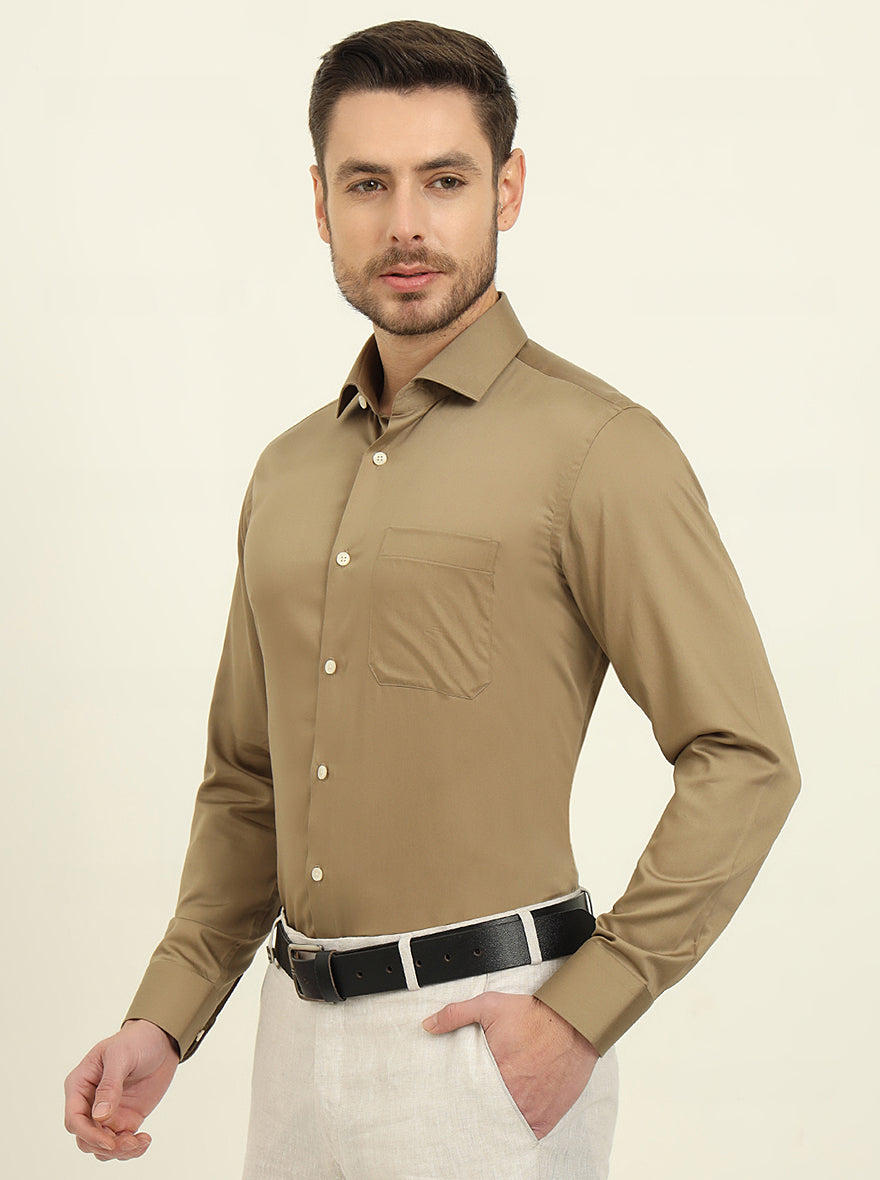 Khaki Solid Slim Fit Formal Shirt | Metal
