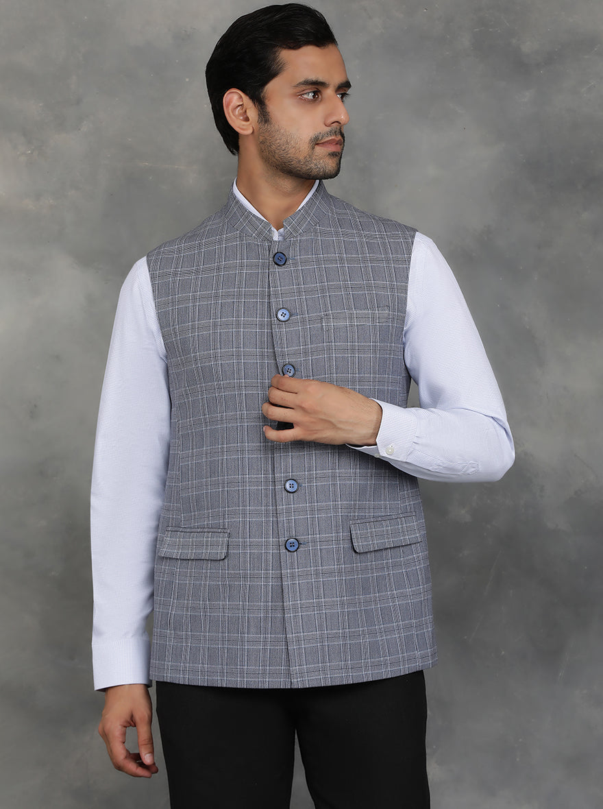 JadeBlue Grey Poly Lycra Checked Modi Jacket Regular Fit Perfect for Every Occasion