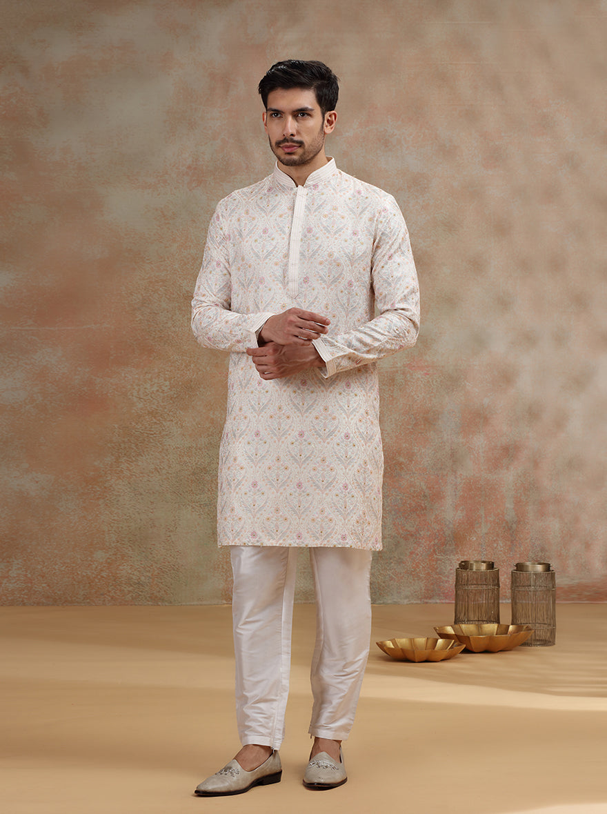 Off- White Printed and Embroidered Kurta Pajama | JB X JB