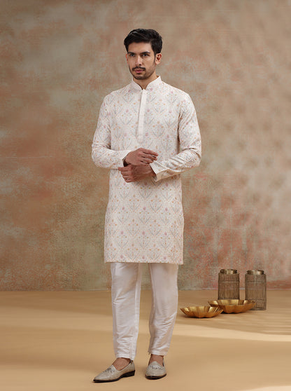 Off- White Printed and Embroidered Kurta Pajama | JB X JB