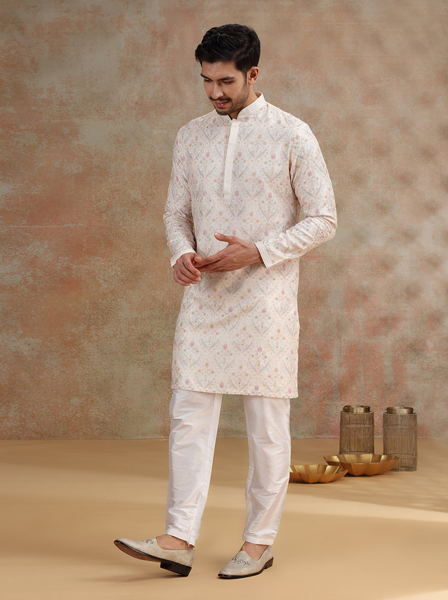Off- White Printed and Embroidered Kurta Pajama | JB X JB