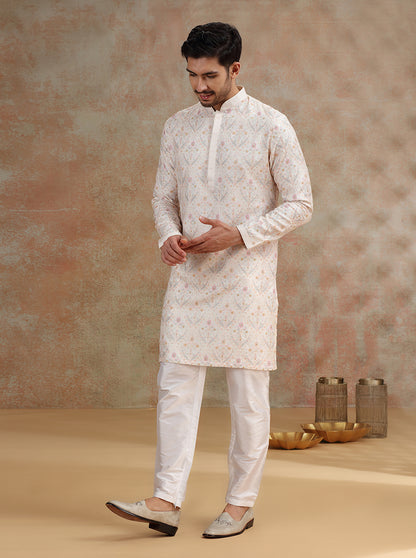 Off- White Printed and Embroidered Kurta Pajama | JB X JB