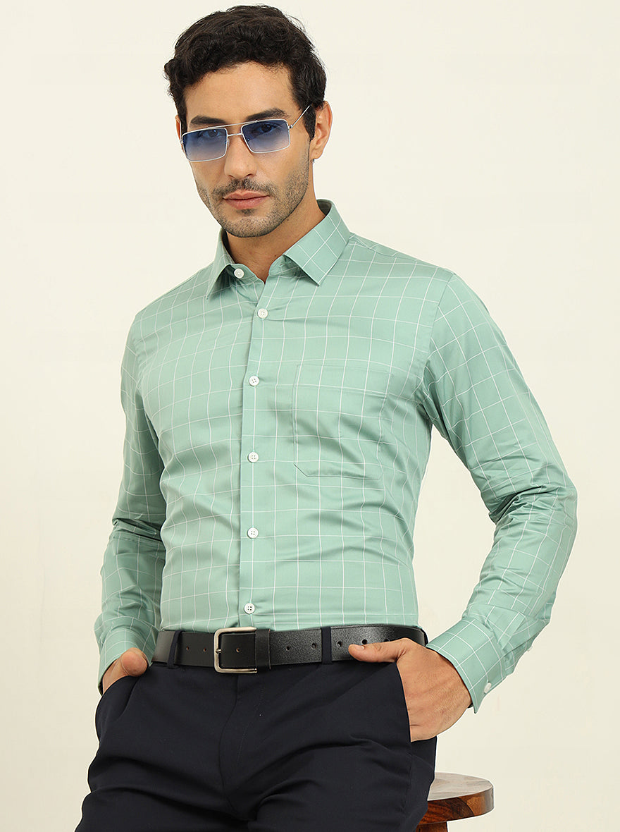 Green Checked Slim Fit Formal Shirt | JadeBlue Youth