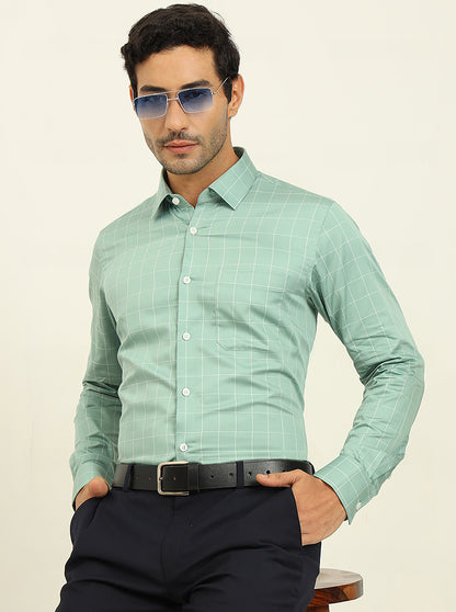 Green Checked Slim Fit Formal Shirt | JadeBlue Youth