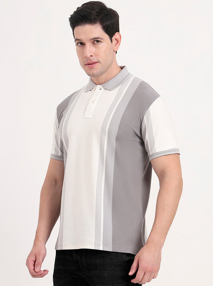 Ecru Melange & Grey Striped Slim Fit Polo T-Shirt | JadeBlue