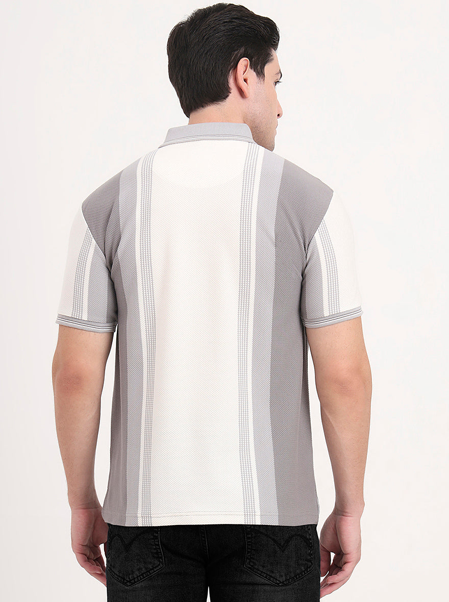 Ecru Melange & Grey Striped Slim Fit Polo T-Shirt | JadeBlue