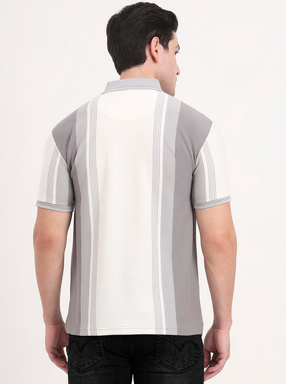Ecru Melange & Grey Striped Slim Fit Polo T-Shirt | JadeBlue