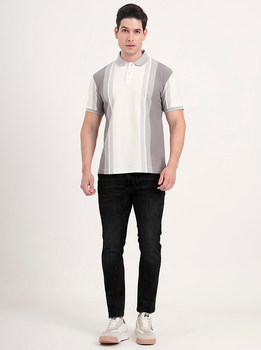 Ecru Melange & Grey Striped Slim Fit Polo T-Shirt | JadeBlue