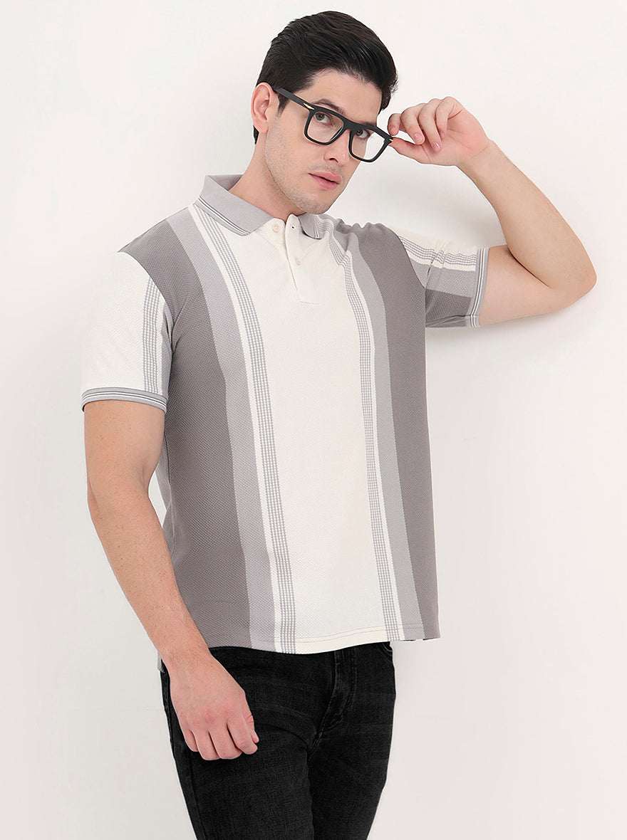 Ecru Melange & Grey Striped Slim Fit Polo T-Shirt | JadeBlue