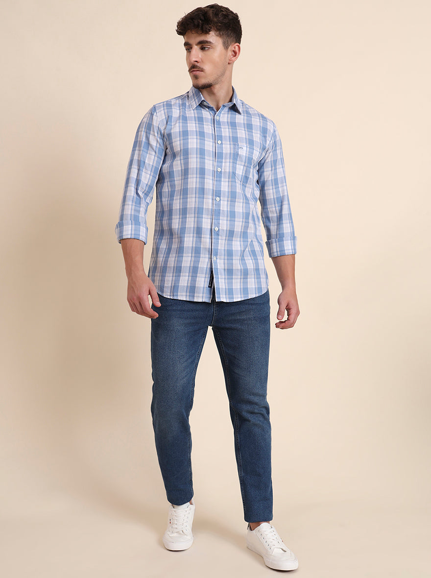 Blue Checked Slim Fit Casual Shirt | JadeBlue