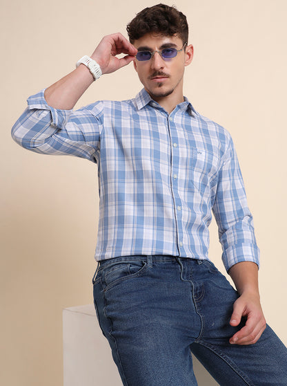 Blue Checked Slim Fit Casual Shirt | JadeBlue