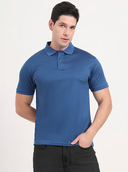 Blue Printed Regular Fit Polo T-Shirt | JadeBlue