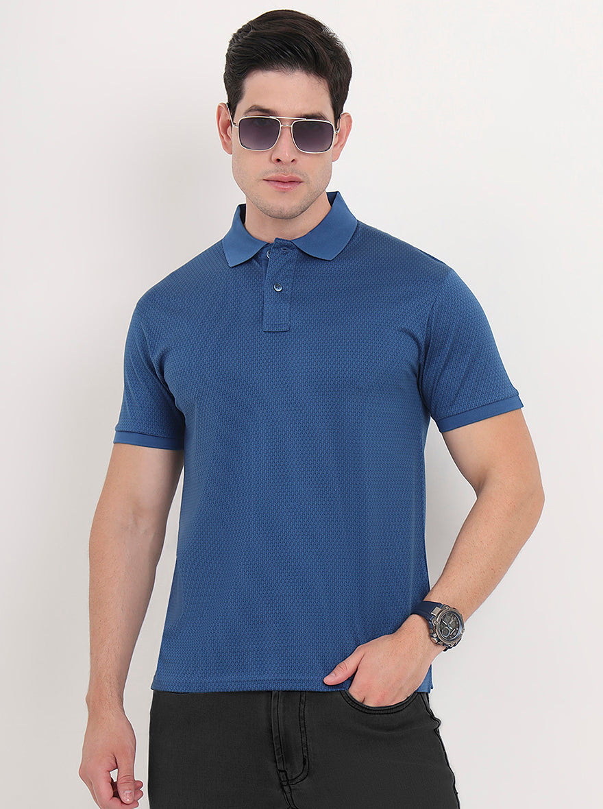 Blue Printed Regular Fit Polo T-Shirt | JadeBlue