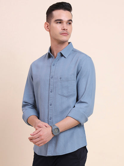 Steel Blue Solid Slim Fit Casual Shirt | Greenfibre
