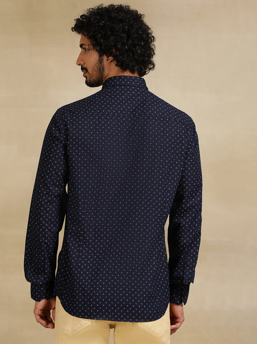 Navy Blue Printed Tailored Fit Semi Casual Shirt | JadeBlue