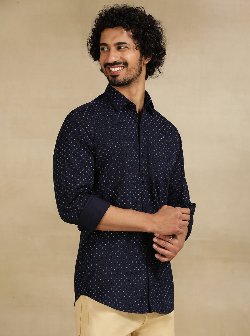 Navy Blue Printed Tailored Fit Semi Casual Shirt | JadeBlue