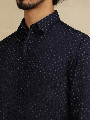 Navy Blue Printed Tailored Fit Semi Casual Shirt | JadeBlue