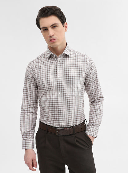 White & Fawn Checked Slim Fit Formal Shirt | Metal