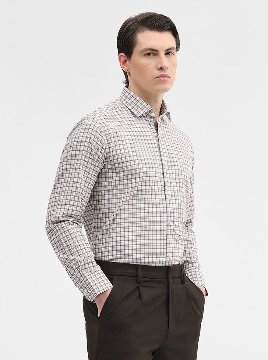 White & Fawn Checked Slim Fit Formal Shirt | Metal