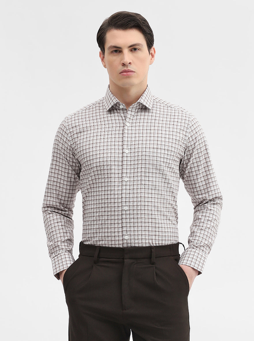 White & Fawn Checked Slim Fit Formal Shirt | Metal