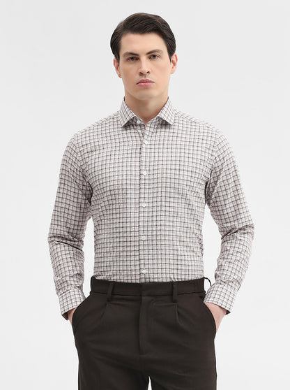 White & Fawn Checked Slim Fit Formal Shirt | Metal