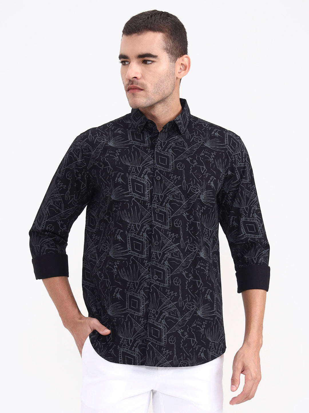 Black Printed Slim Fit Casual Shirt | JadeBlue
