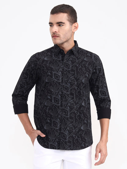 Black Printed Slim Fit Casual Shirt | JadeBlue