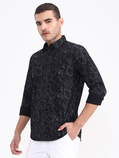 Black Printed Slim Fit Casual Shirt | JadeBlue