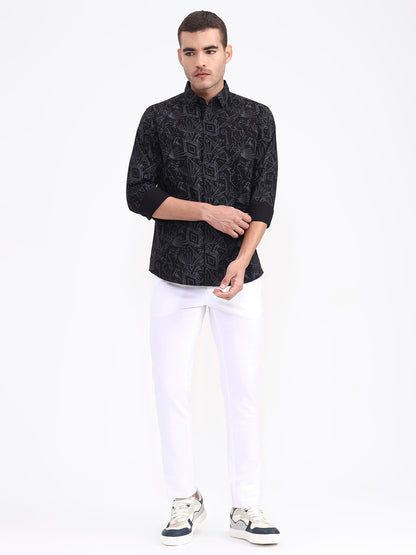 Black Printed Slim Fit Casual Shirt | JadeBlue