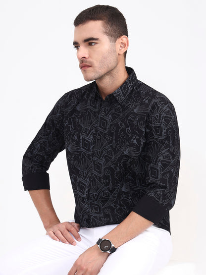 Black Printed Slim Fit Casual Shirt | JadeBlue