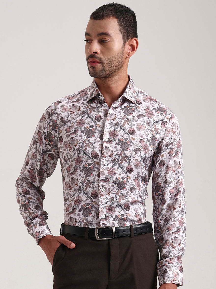 Cream Printed Slim Fit Formal Shirt | JadeBlue Super Luxe