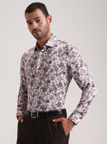Cream Printed Slim Fit Formal Shirt | JadeBlue Super Luxe