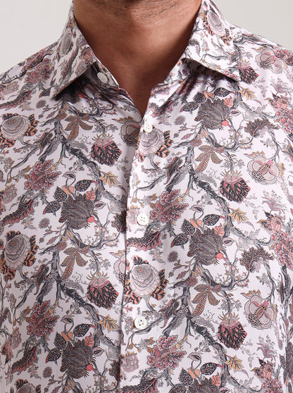 Cream Printed Slim Fit Formal Shirt | JadeBlue Super Luxe