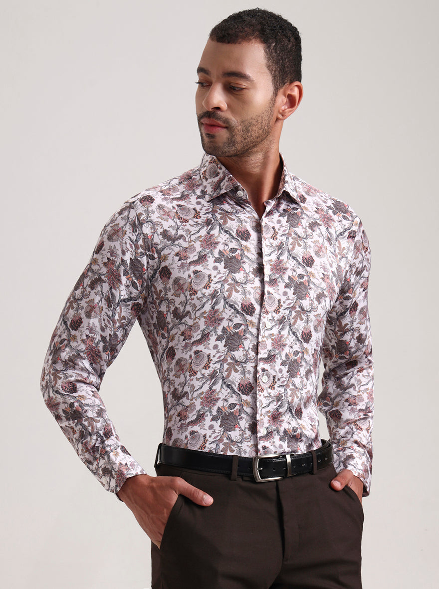 Cream Printed Slim Fit Formal Shirt | JadeBlue Super Luxe
