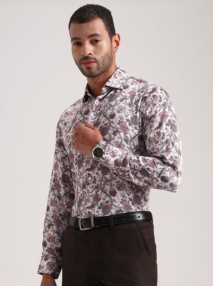 Cream Printed Slim Fit Formal Shirt | JadeBlue Super Luxe
