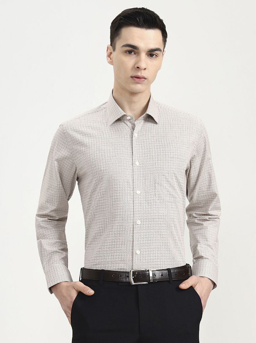 Cream Checked Regular Fit Formal Shirt | JadeBlue