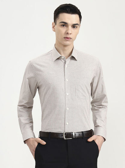 Cream Checked Regular Fit Formal Shirt | JadeBlue