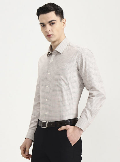 Cream Checked Regular Fit Formal Shirt | JadeBlue