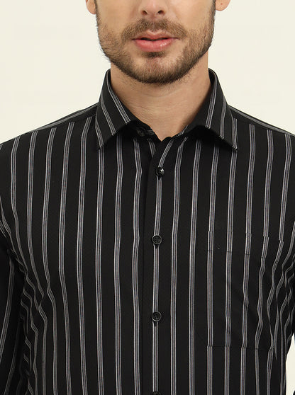 Black Striped Regular Fit Formal Shirt | JadeBlue