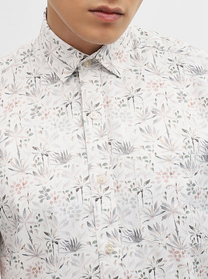 White & Grey Printed Tailored Fit Semi Casual Shirt | Greenfibre