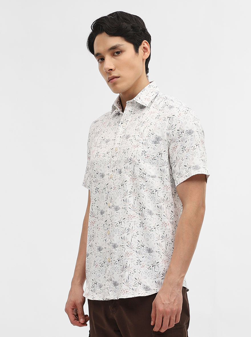 White & Grey Printed Tailored Fit Semi Casual Shirt | Greenfibre